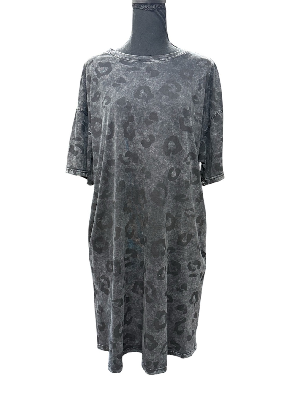 Washed Black Leopard Print T-Shirt Dress Size XL